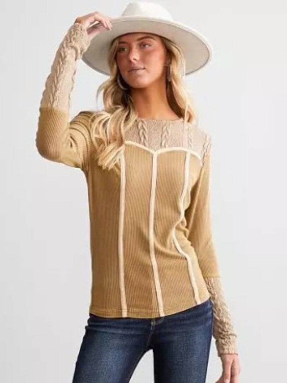 gimmicks by BKE Tan & Cream Long-Sleeve Ribbed Panel Top